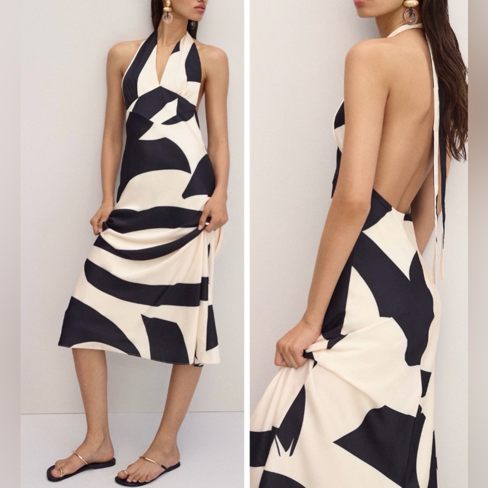 Anthropologie Cream and Black Halter Midi Dress